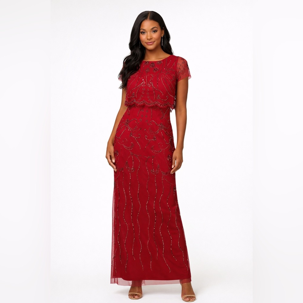 Adrianna Papell Red Beaded Capelet Gown Size 6 NWT Formal Evening Dress GALA MOB